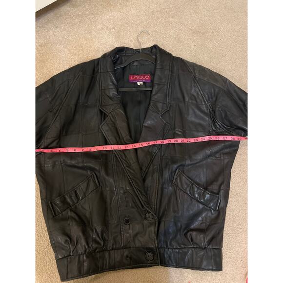 80s Vintage Black Patch Leather Coat Oversized Size Medium Y2K 90s Rare Find - Picture 8 of 11